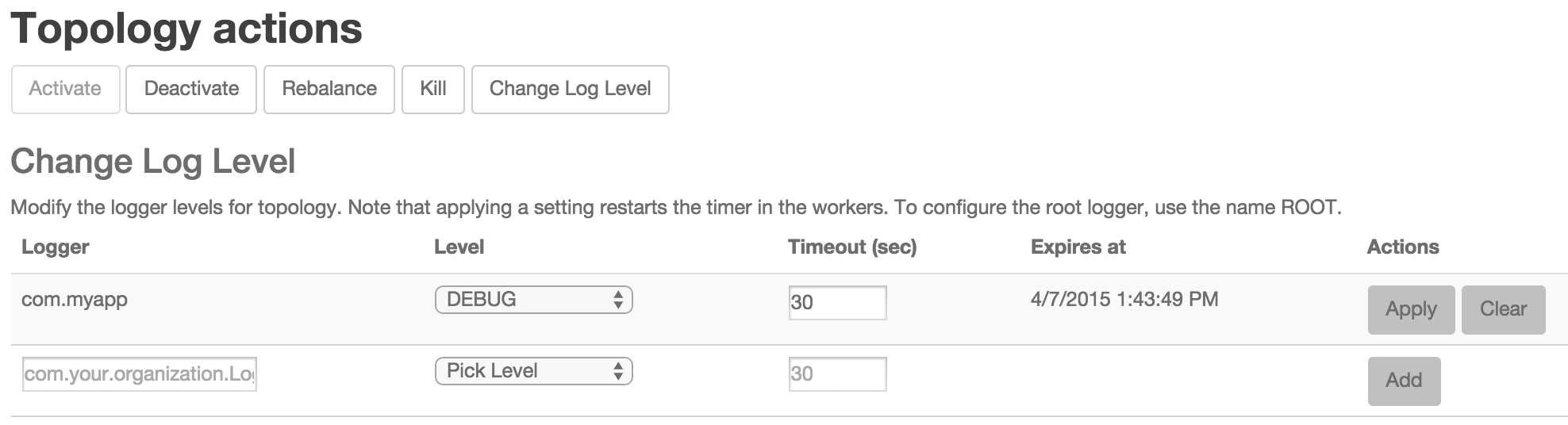 Change Log Level dialog Change Log Level dialog